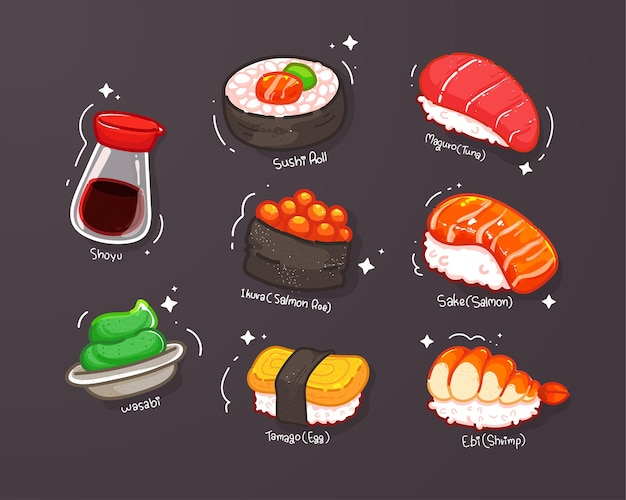 Free Vector set of sushi cartoon hand draw illustration