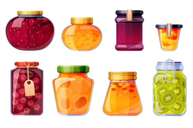 Set of sweet fruit conserves on glass jars isolated illustration