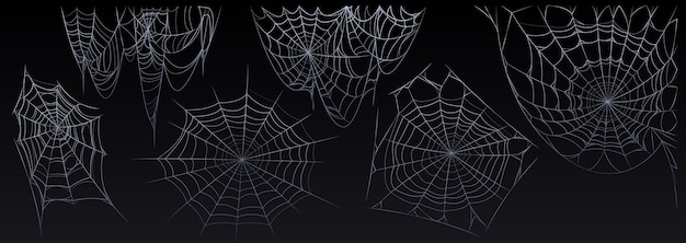 Set of tangled spiderweb hanging isolated on black