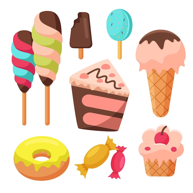 Free Vector set of tasty ice creams sweet summer delicacy sundaesgelatos with different tastiescollection icecream cones and popsicle with different topping vector illustration