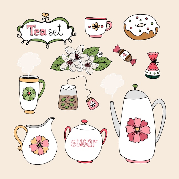 Free Vector set of tea service icons with cup  teapot