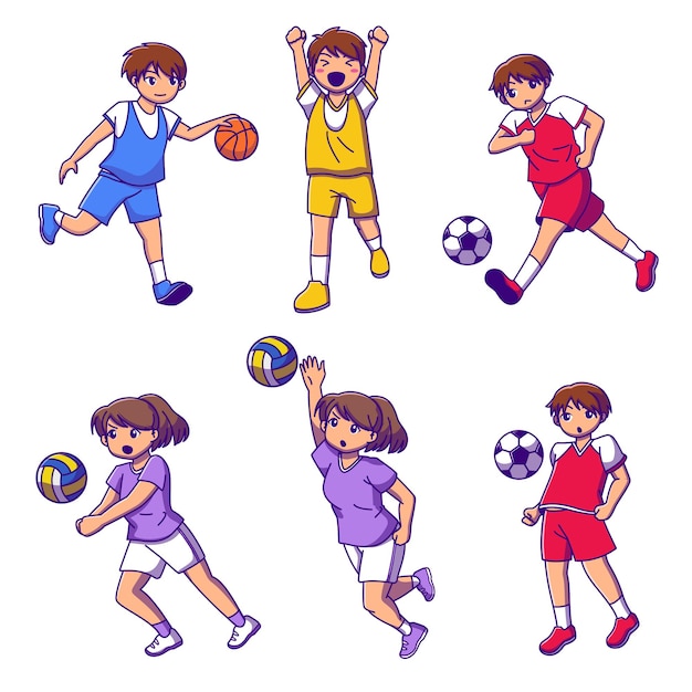 Set of teenager playing basketball, soccer and volleyball  , isolated cartoon character collection   illustration