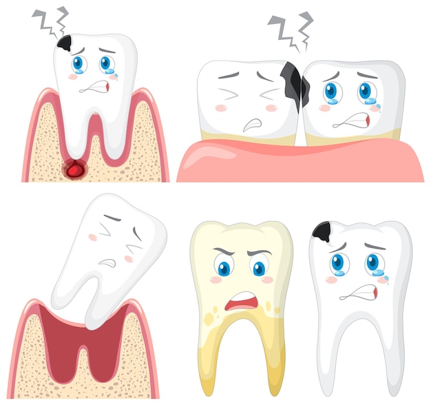 Set of teeth decay on white background