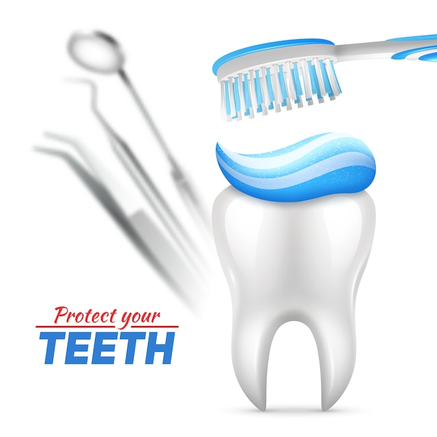 Free Vector set of teeth protection with tooth toothbrush and dental instruments