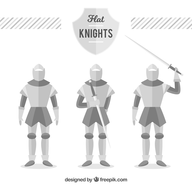 Free vector set of three armor knights in flat design