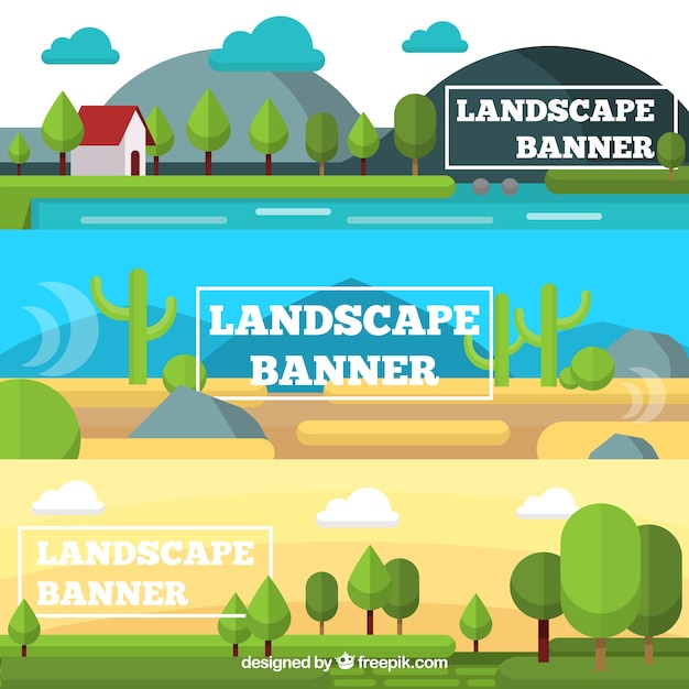 Free Vector set of three banners of natural landscapes in flat design