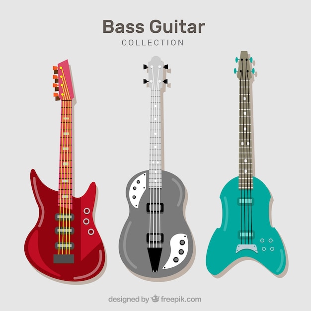 Set of three bass guitar in flat design