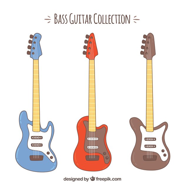 Set of three colored bass guitars