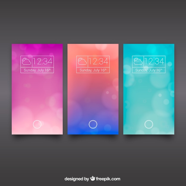 Free Vector set of three colorful bokeh wallpapers for mobile