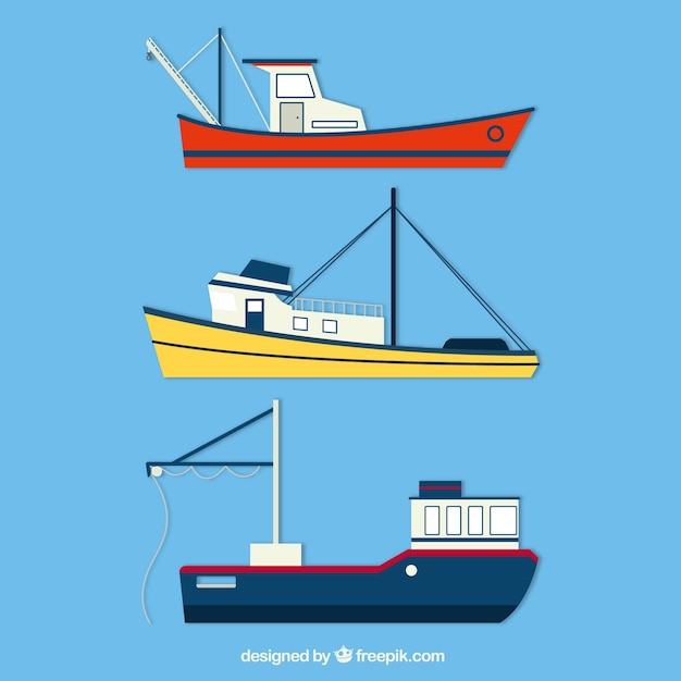 Set of three fishing boats in flat design