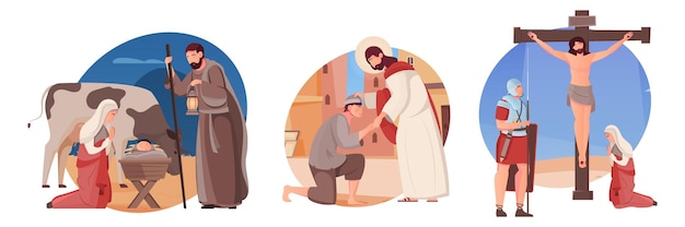 Set of three flat illustrations with jesus christ