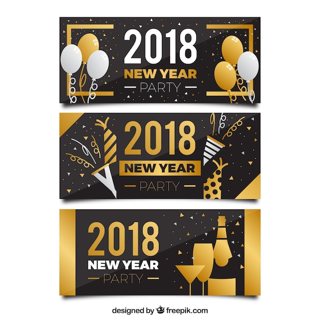 Set of three golden banners new year 2018