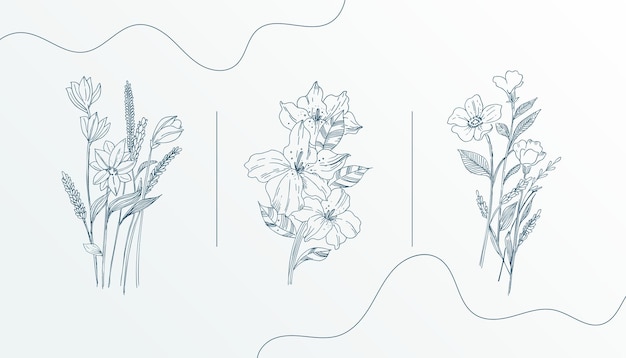 Free vector set of three hand drawn botanical flower abstract banner