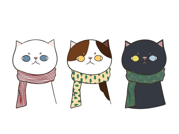 Set of three hand drawn doodle cute cats wearing a scarf