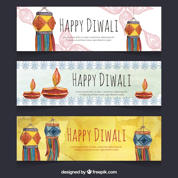 Free Vector set of three happy diwali banners