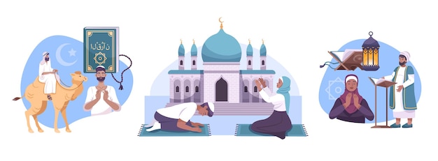 Set of three isolated islam compositions with flat characters of prayers mullah mosque building and camel illustration