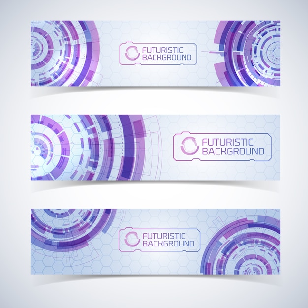 Free Vector set of three isolated modern virtual technology wide horizontal banners set with elements of detailed futuristic circles