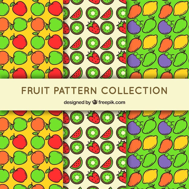 Free Vector set of three patterns with colored fruits in flat design