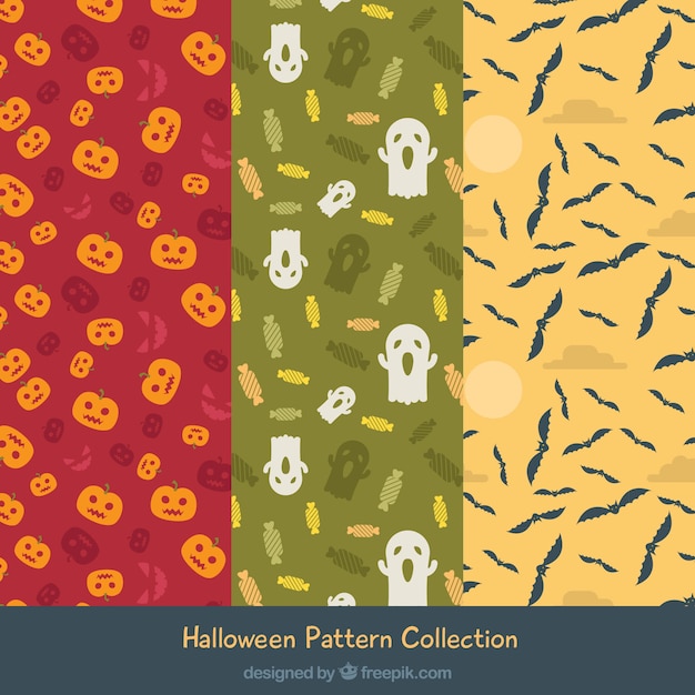 Set of three patterns with ghosts and other halloween elements