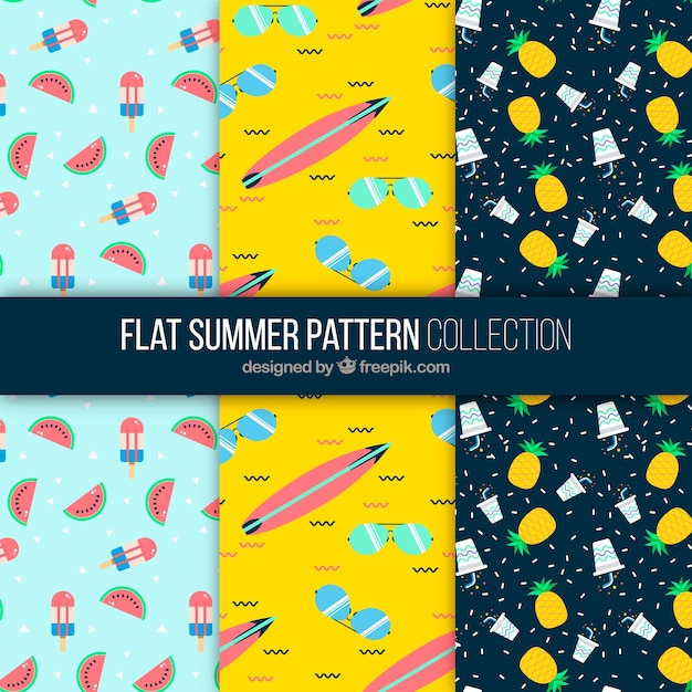 Free vector set of three patterns with summer elements in flat design