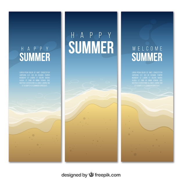 Free Vector set of three summer banners with sea and sand