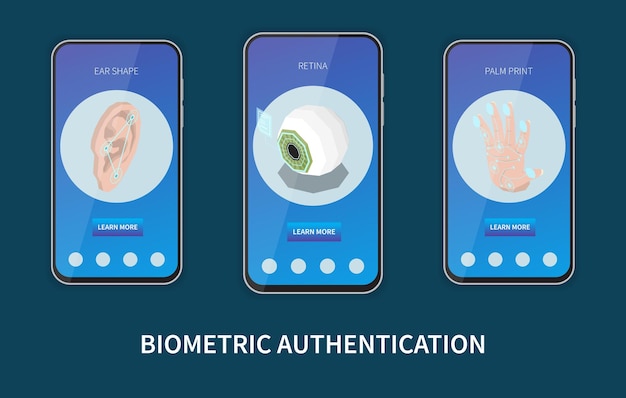 Free Vector set of three vertical banners in smartphone frames for biometric authentication