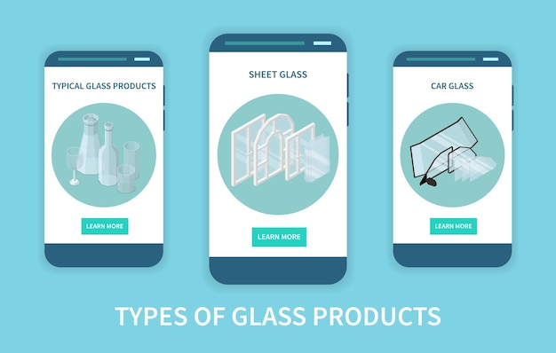 Free Vector set of three vertical glass production app screens