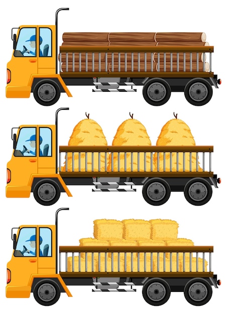 Free Vector set of tow truck carrying hay and woods isolated