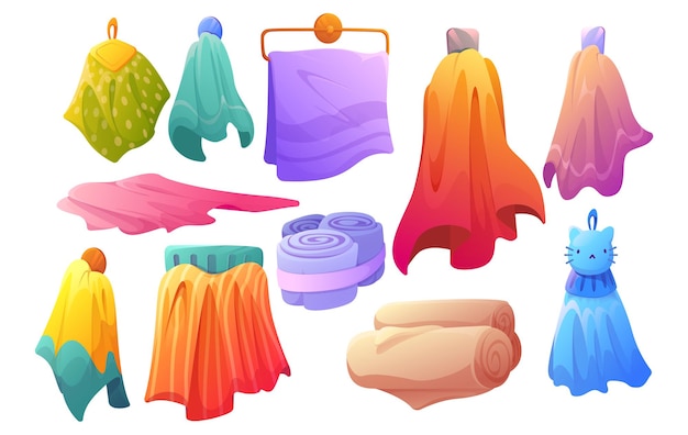 Free Vector set of towels hanging on hooks or holders, textile