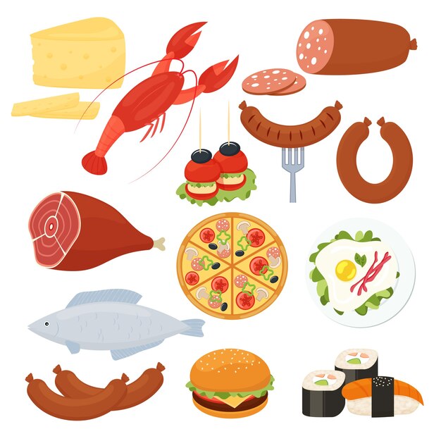 Set of traditional vector food icons for a menu with a lobster  salami  pizza  cheeseburger  roast meat  fried eggs  sausage  fish  sushi  seafood  cheese and canape appetizers