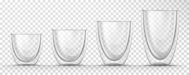 Free Vector set of  transparent glass empty cups different sizes with double walls