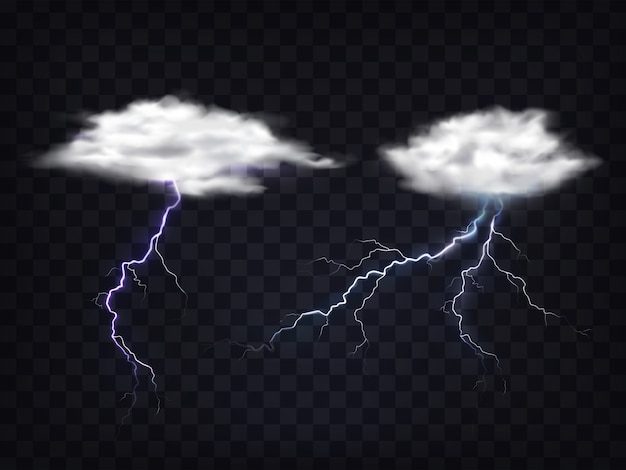 Set of transparent white clouds with lightning charge.