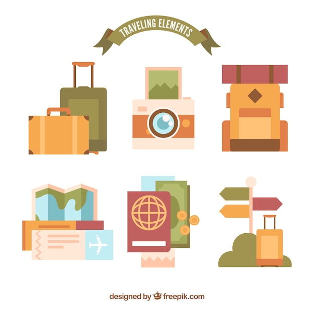 Set of travel elements in flat style