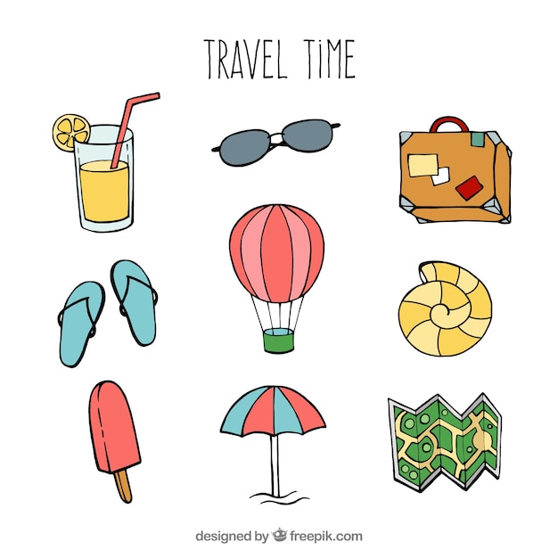 Set of travel elements in hand drawn style