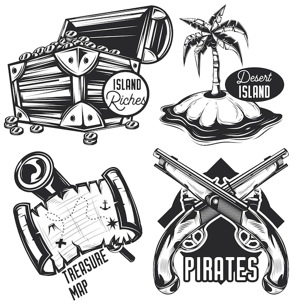 Set of treasure emblems, labels, badges, logos.