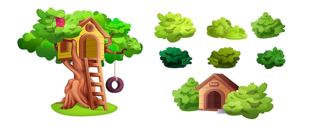 Free vector set of tree house green garden bushes and doghouse isolated cartoon elements treehouse with wooden ladder kite and tire swing for playing kids place for games and children activities in summer