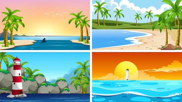 Set of tropical ocean nature scene or backgrounds with beaches