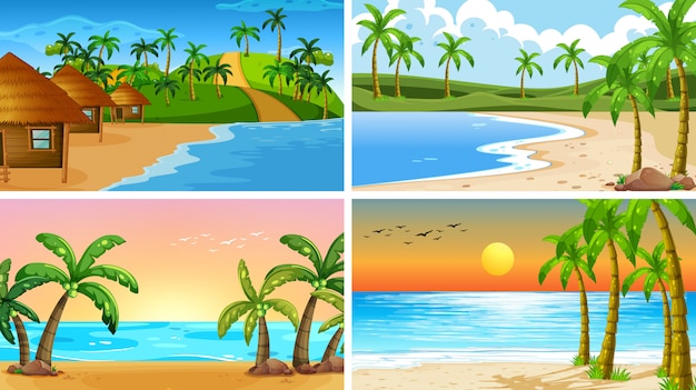 Set of tropical ocean nature scenes or background with beaches