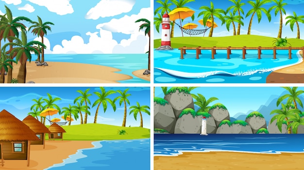 Free Vector set of tropical ocean nature scenes with beaches