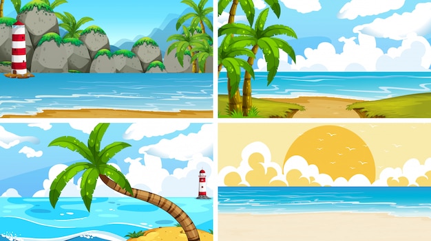 Set of tropical ocean nature scenes with beaches