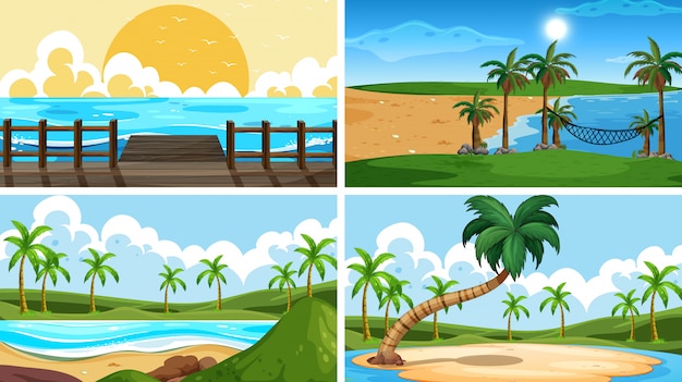 Set of tropical ocean nature scenes with beaches