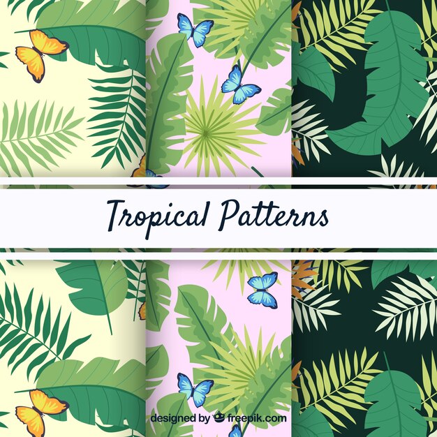 Set of tropical summer patterns with different plants