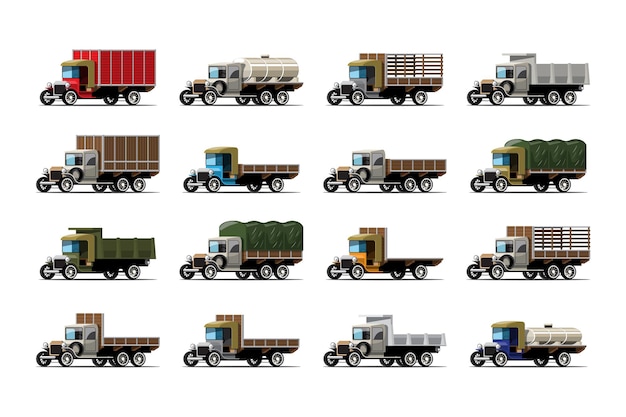 Free Vector set of twelve trucks and tank with difference in antique design on white