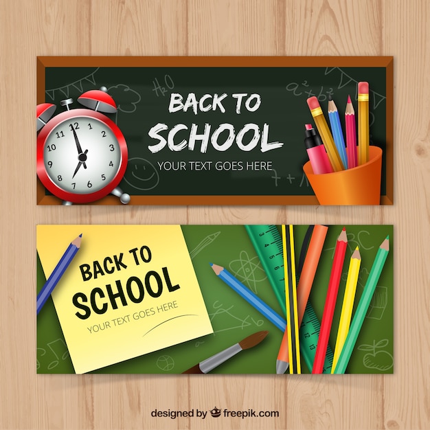 Set of two banners with realistic school materials