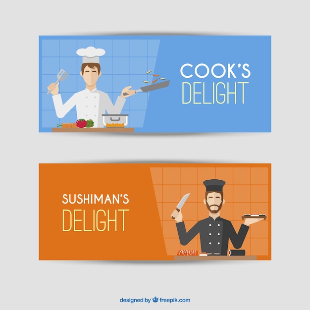 Free Vector set of two colored banners with chef