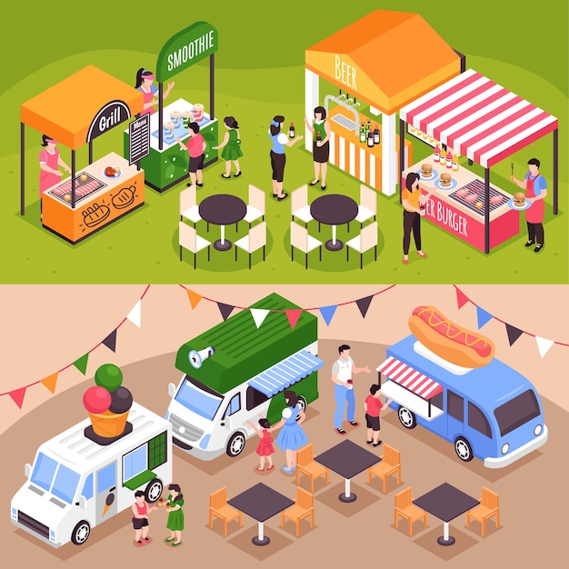 Set of two horizontal food stalls isometric illustrations