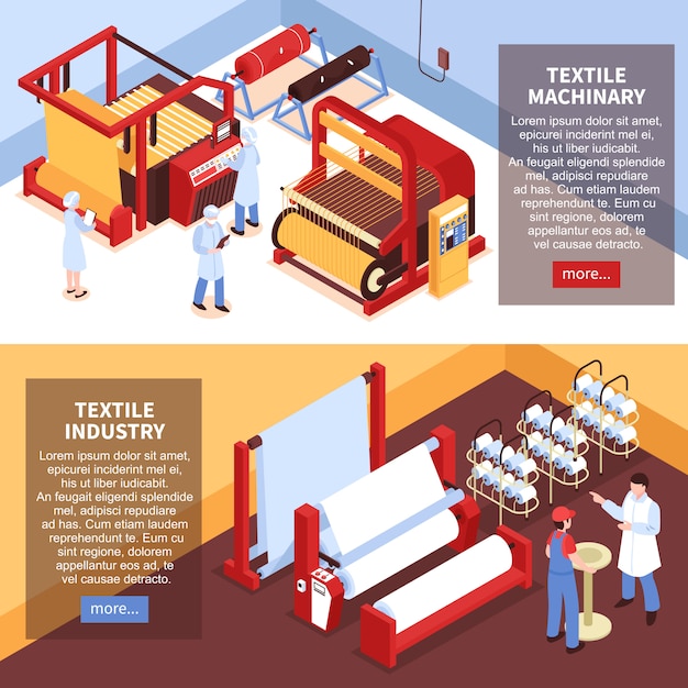 Free Vector set of two horizontal isometric textile industry banners with factory facilities machinery and workers in uniform 