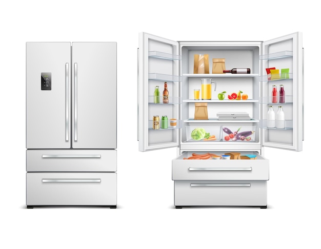 Set of two isolated refrigerator fridge realistic images with two views of opened and closed cabinet