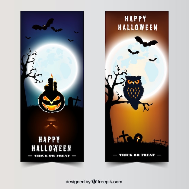 Set of two realistic banners with full moon and halloween elements