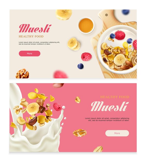 Set of two realistic muesli horizontal banners